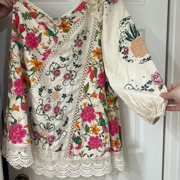 NWT Farm Rio Toucan's Garden Floral Embroidery One-Shoulder Linen Blend Dress - Picture 8 of 14